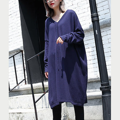 Blue Baggy Dresses V Neck Drawstring Cotton Blended Dress