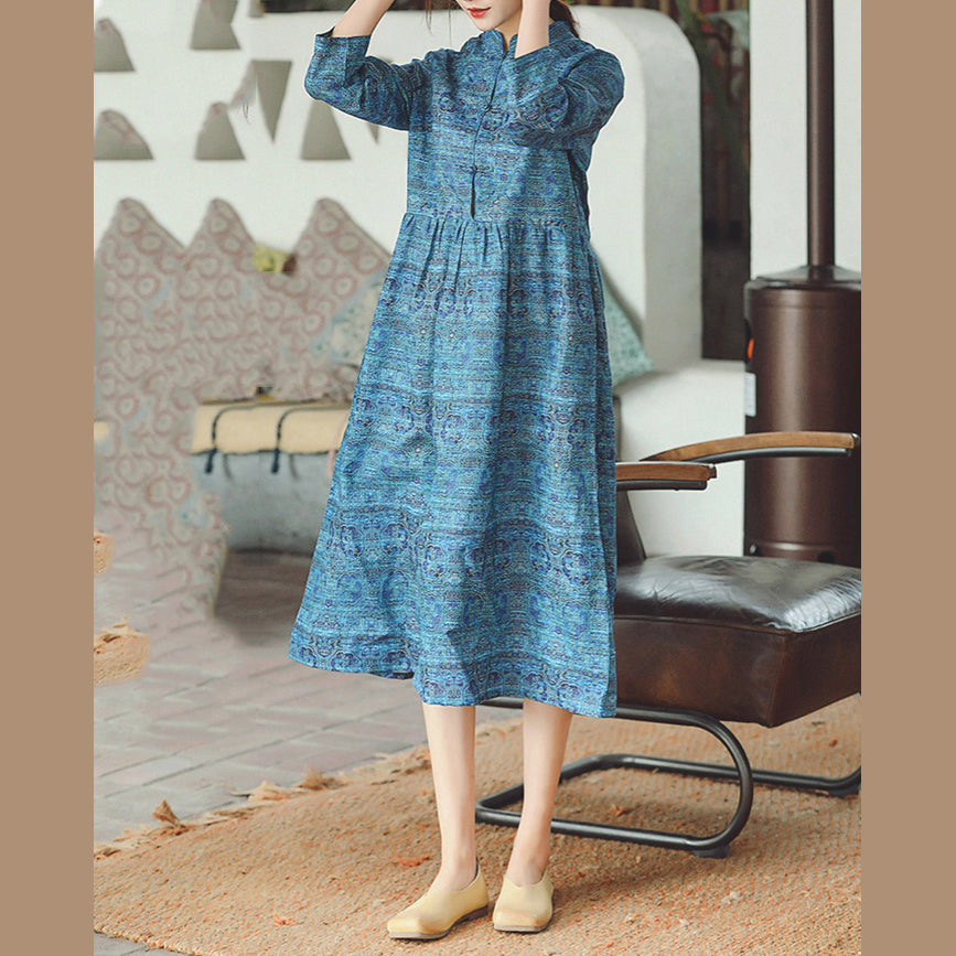 Blue Print Midi-length Cotton Linen Dress Cotton Linen Dresses Stand Natural Cotton Linen Dress