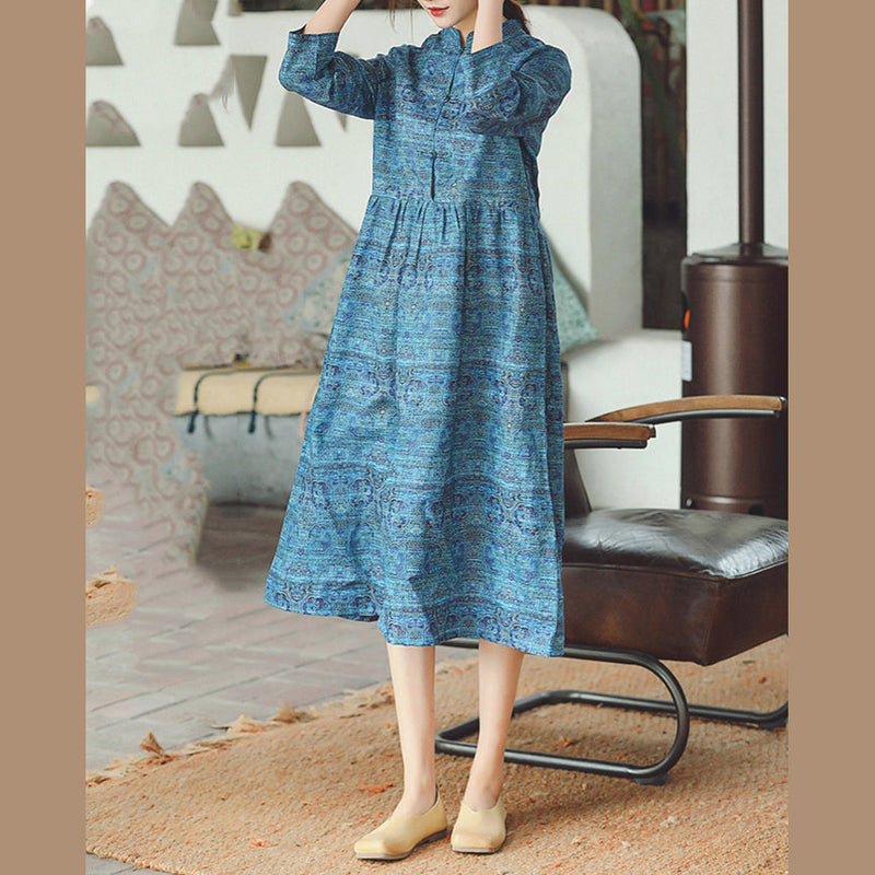 Blue Print Midi-length Cotton Linen Dress Cotton Linen Dresses Stand Natural Cotton Linen Dress