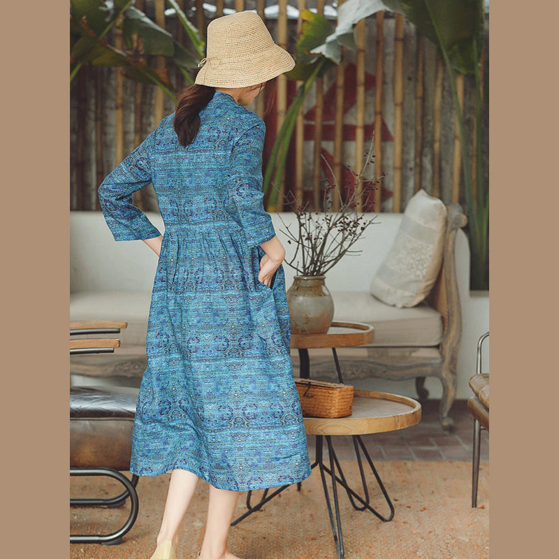Blue Print Midi-length Cotton Linen Dress Cotton Linen Dresses Stand Natural Cotton Linen Dress