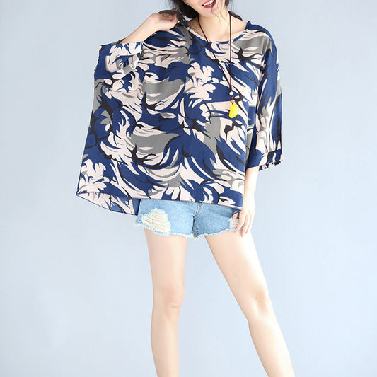 Blue Prints Pure Cotton Blouse Oversize Holiday Tops Boutique O Neckhalf Sleeve Cotton Blouses