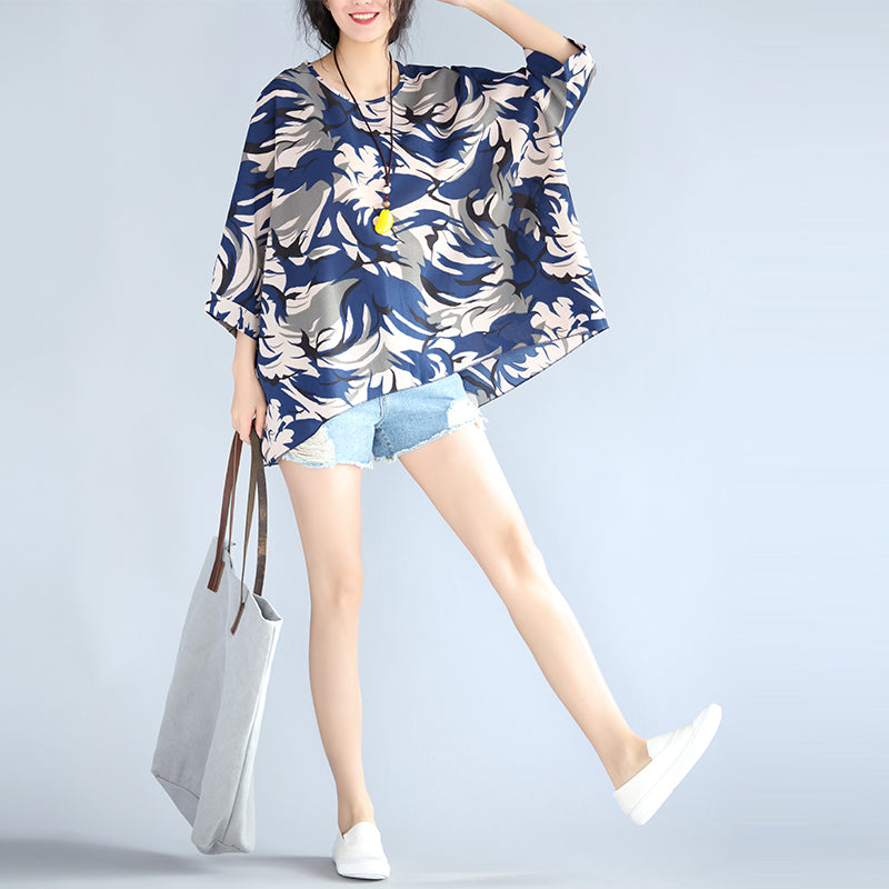 Blue Prints Pure Cotton Blouse Oversize Holiday Tops Boutique O Neckhalf Sleeve Cotton Blouses