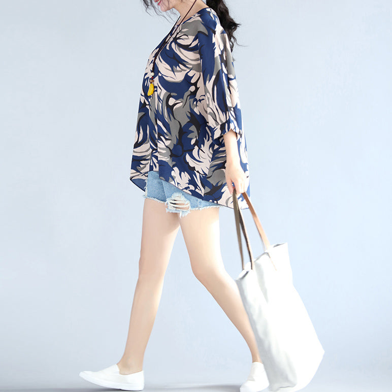 Blue Prints Pure Cotton Blouse Oversize Holiday Tops Boutique O Neckhalf Sleeve Cotton Blouses