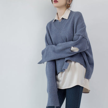 Blue Sweater V Neck Knitted Blouses Asymmetrical Design Top