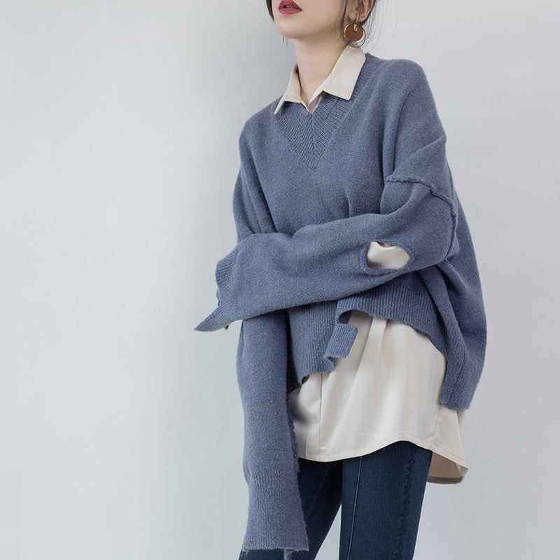 Blue Sweater V Neck Knitted Blouses Asymmetrical Design Top
