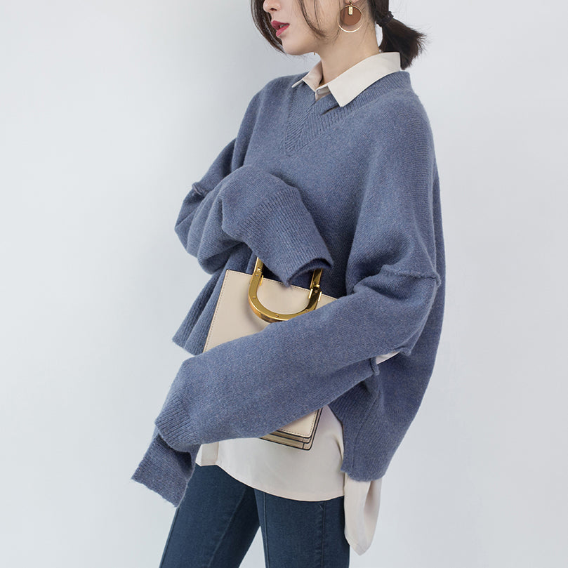 Blue Sweater V Neck Knitted Blouses Asymmetrical Design Top
