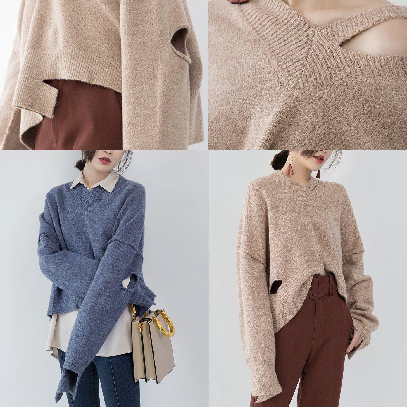 Blue Sweater V Neck Knitted Blouses Asymmetrical Design Top