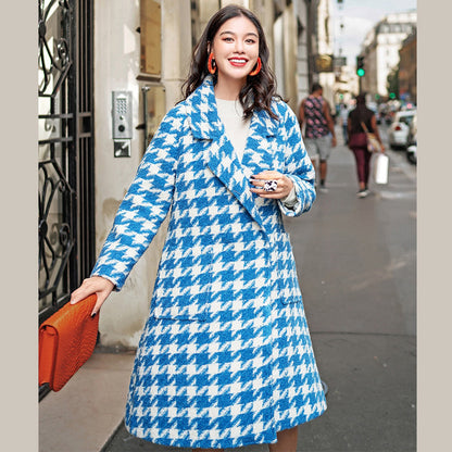Blue White Plaid Wool Coat Notched Long Coat Boutique Pockets Long Coats