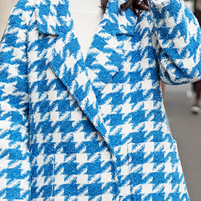 Blue White Plaid Wool Coat Notched Long Coat Boutique Pockets Long Coats