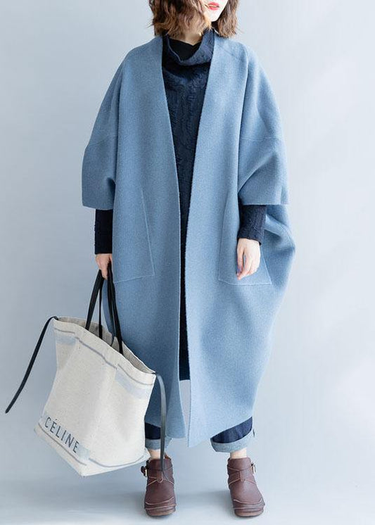 Blue Wool Overcoat Loose Fitting Long Winter Coat Fall Jackets Batwing Sleeve
