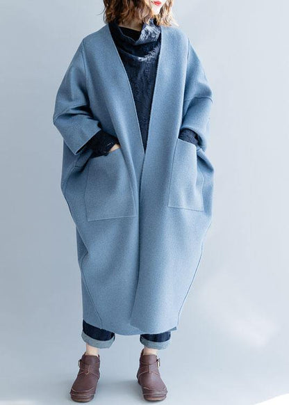 Blue Wool Overcoat Loose Fitting Long Winter Coat Fall Jackets Batwing Sleeve