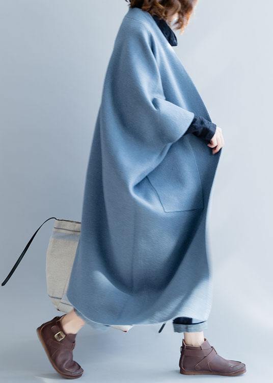 Blue Wool Overcoat Loose Fitting Long Winter Coat Fall Jackets Batwing Sleeve