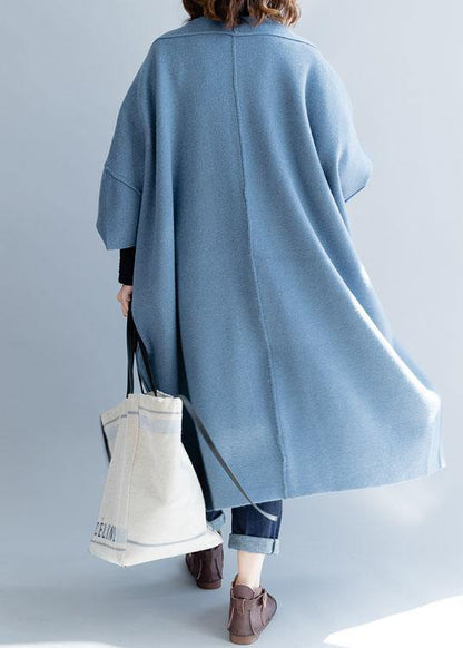Blue Wool Overcoat Loose Fitting Long Winter Coat Fall Jackets Batwing Sleeve