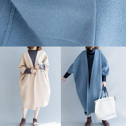 Blue Wool Overcoat Loose Fitting Long Winter Coat Fall Jackets Batwing Sleeve