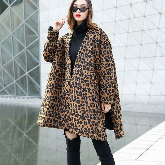 Brown Leopard Coat V Neck Pockets Winter Coat Side Open Coats