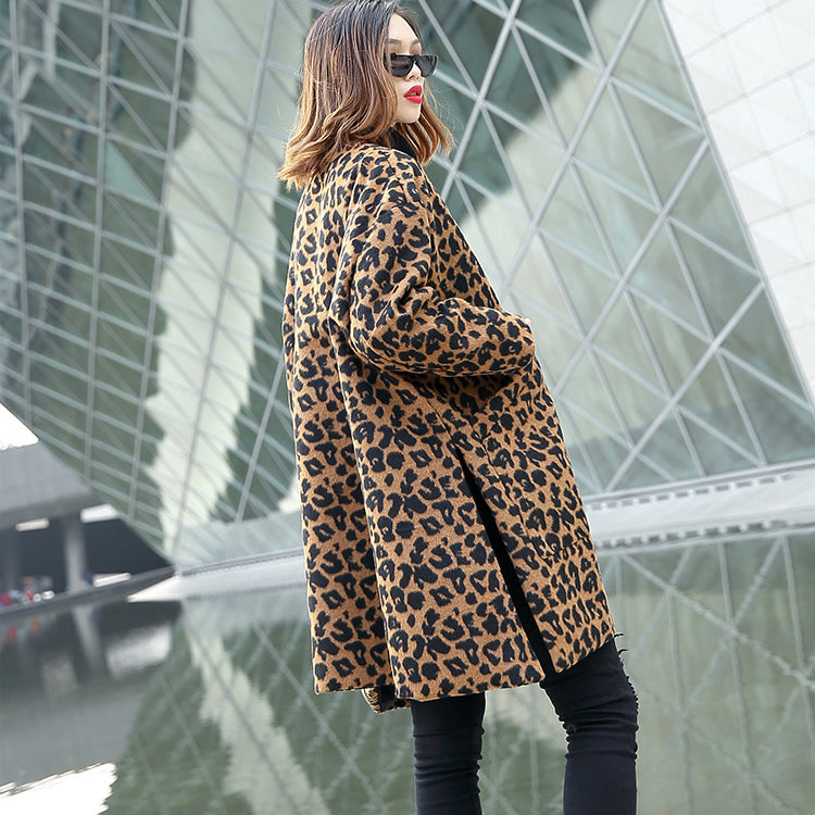 Brown Leopard Coat V Neck Pockets Winter Coat Side Open Coats
