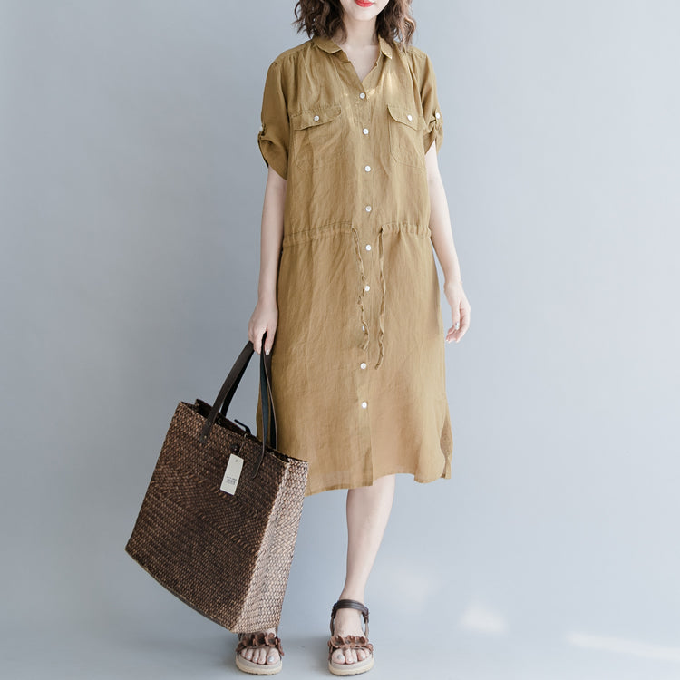 Brown Linen Dress Oversize Linen Dress Boutique Short Sleeve Pockets Turn-down Collar Linen Dress