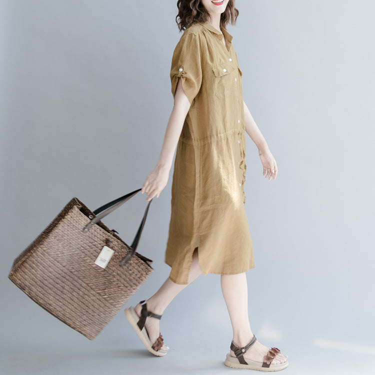 Brown Linen Dress Oversize Linen Dress Boutique Short Sleeve Pockets Turn-down Collar Linen Dress