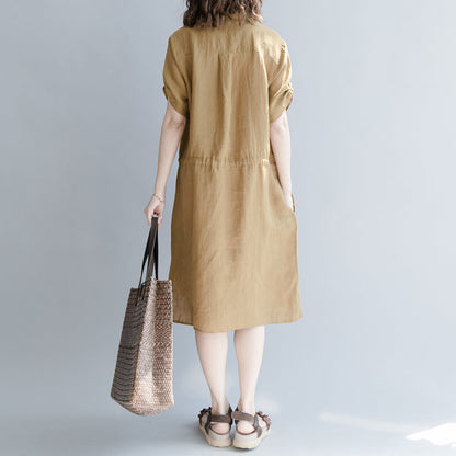 Brown Linen Dress Oversize Linen Dress Boutique Short Sleeve Pockets Turn-down Collar Linen Dress