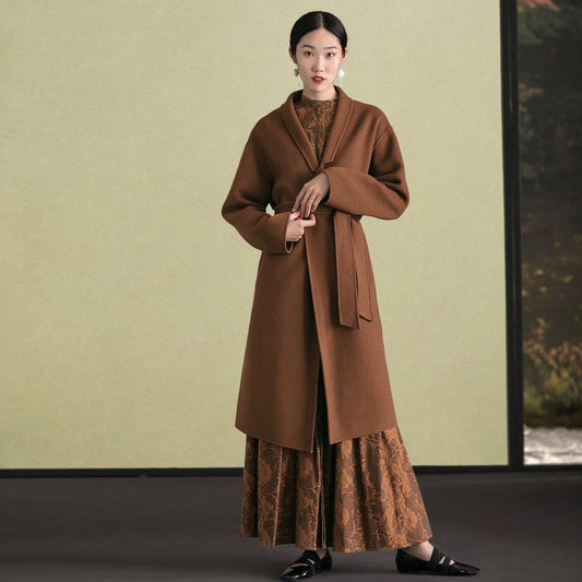 Brown Woolen Overcoat Oversized Stand Collar Winter Coat Tie Waist Jackets