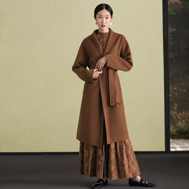 Brown Woolen Overcoat Oversized Stand Collar Winter Coat Tie Waist Jackets