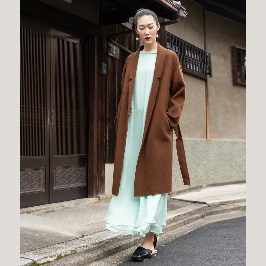 Brown Woolen Overcoat Oversized Stand Collar Winter Coat Tie Waist Jackets