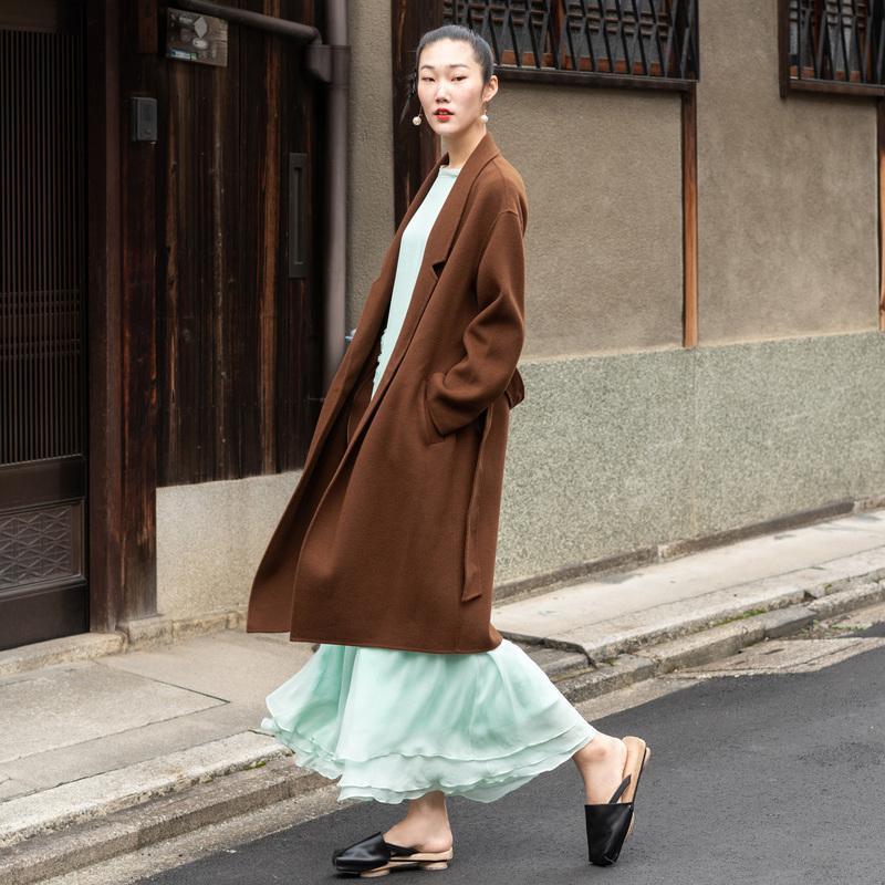 Brown Woolen Overcoat Oversized Stand Collar Winter Coat Tie Waist Jackets