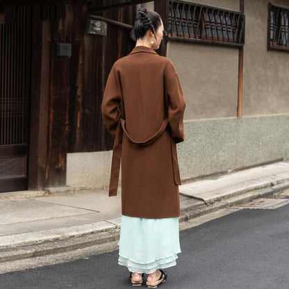 Brown Woolen Overcoat Oversized Stand Collar Winter Coat Tie Waist Jackets