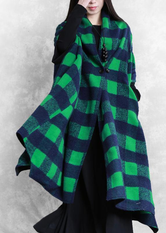Jackets & Coats Green Plaid Batwing Sleeve Patchwork Wool Overcoat