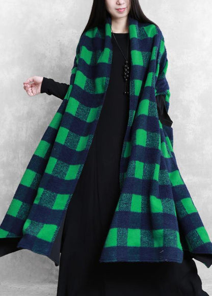 Jackets & Coats Green Plaid Batwing Sleeve Patchwork Wool Overcoat