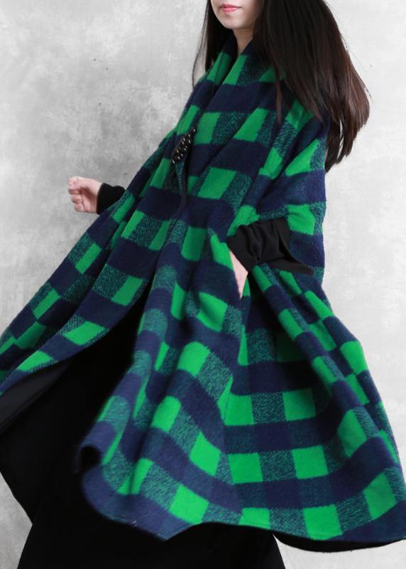 Jackets & Coats Green Plaid Batwing Sleeve Patchwork Wool Overcoat