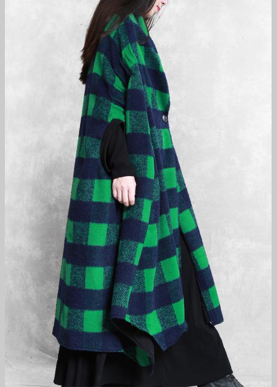 Jackets & Coats Green Plaid Batwing Sleeve Patchwork Wool Overcoat