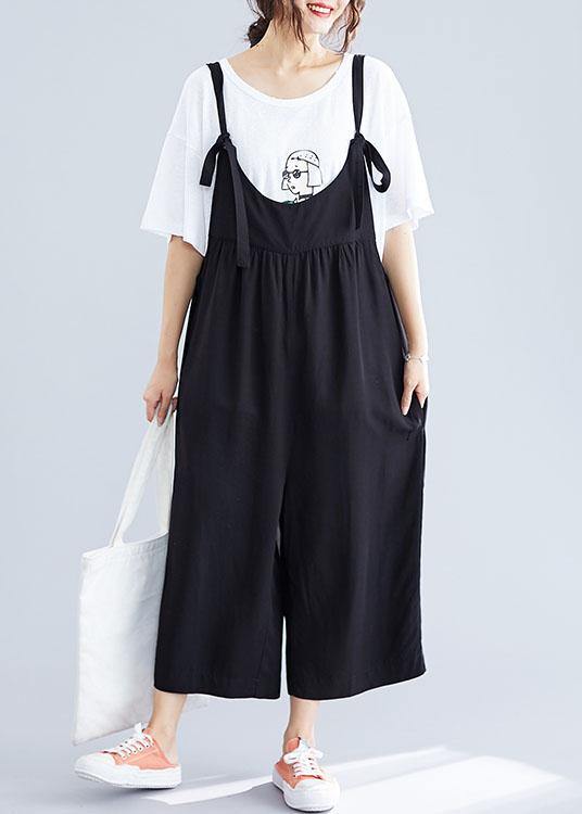 Cotton Black Jumpsuit Loose Straps Wide Leg Pants