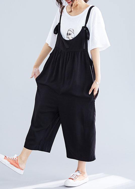 Cotton Black Jumpsuit Loose Straps Wide Leg Pants