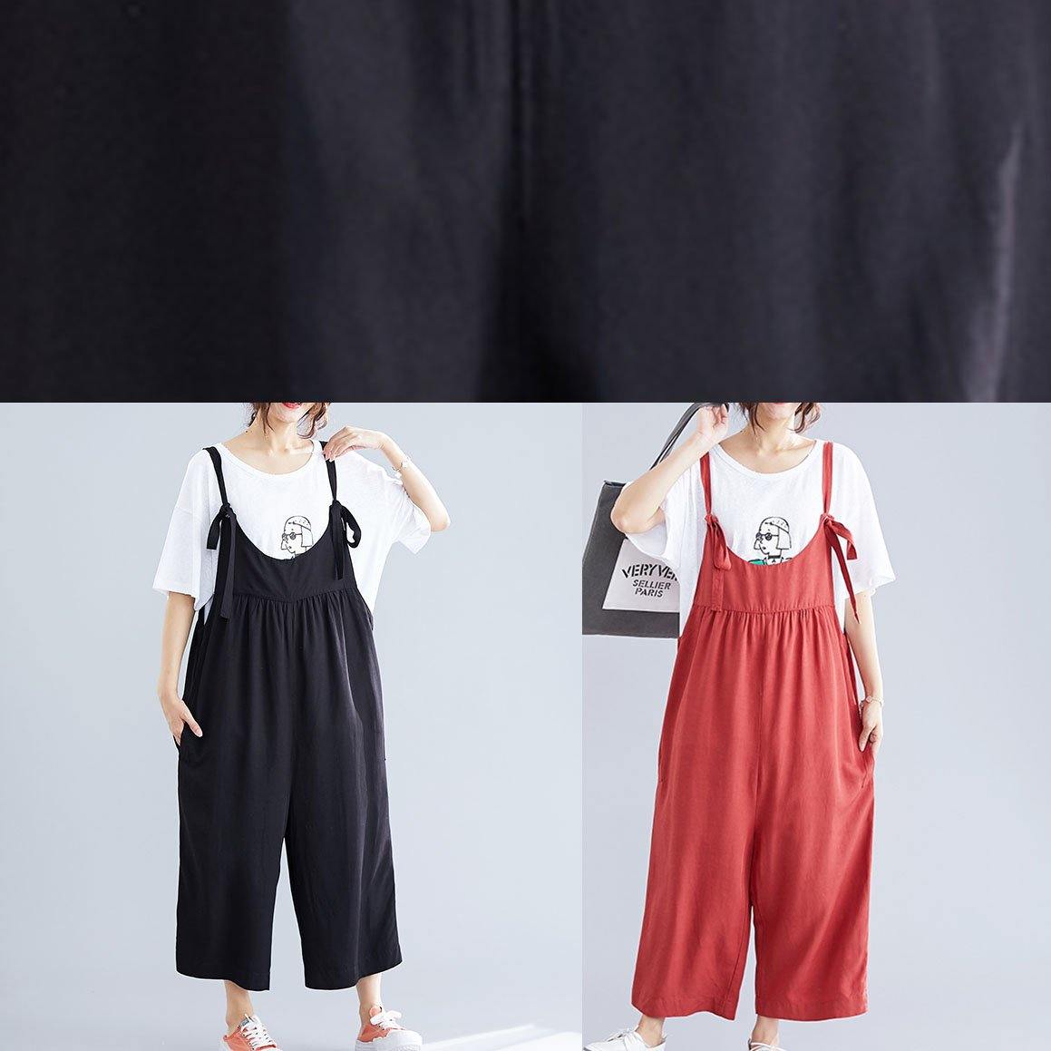 Cotton Black Jumpsuit Loose Straps Wide Leg Pants