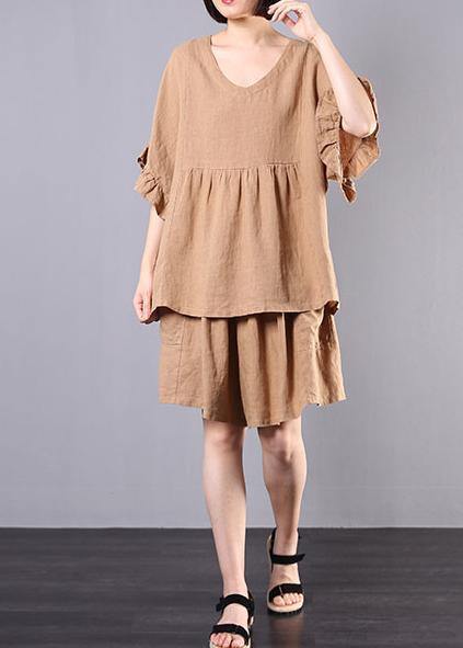 Cotton Linen Khaki Two Pieces Ruffles Sleeve Blouse With Shorts