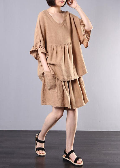 Cotton Linen Khaki Two Pieces Ruffles Sleeve Blouse With Shorts