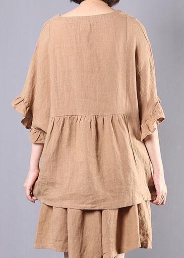 Cotton Linen Khaki Two Pieces Ruffles Sleeve Blouse With Shorts