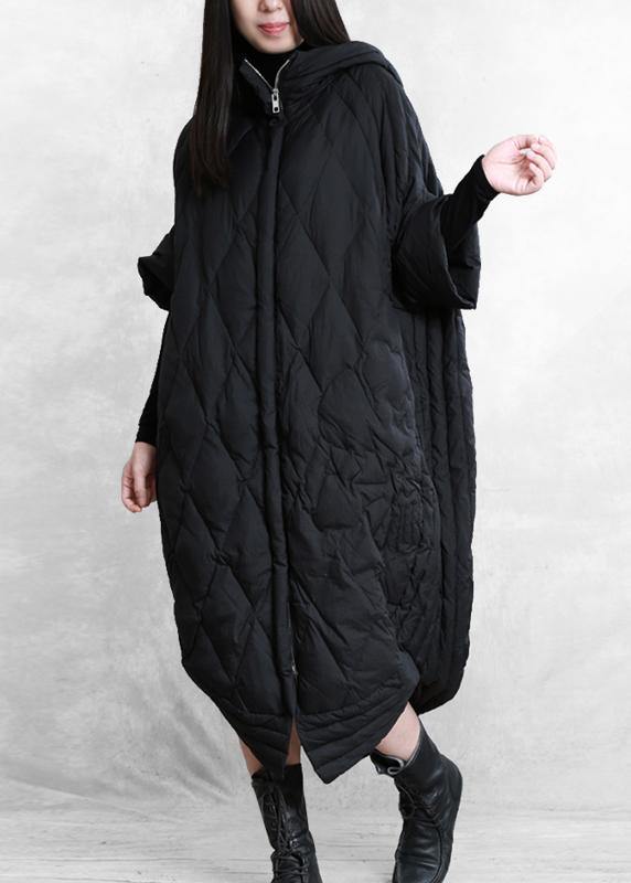 Down Jacket Overcoat Black Hooded Zippered Goose Down Coat