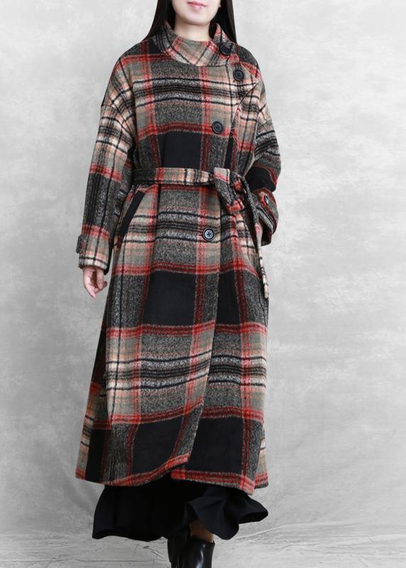 Long Jackets Coats Black Plaid Tie Waist Asymmetric Woolen Coat