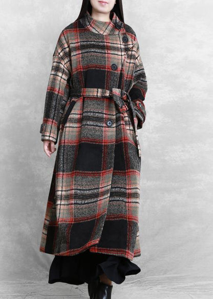 Long Jackets Coats Black Plaid Tie Waist Asymmetric Woolen Coat