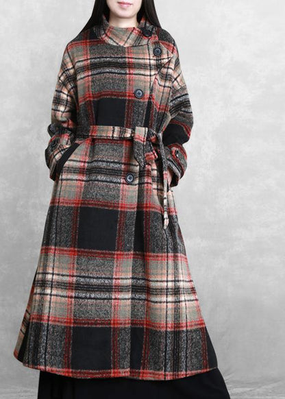 Long Jackets Coats Black Plaid Tie Waist Asymmetric Woolen Coat