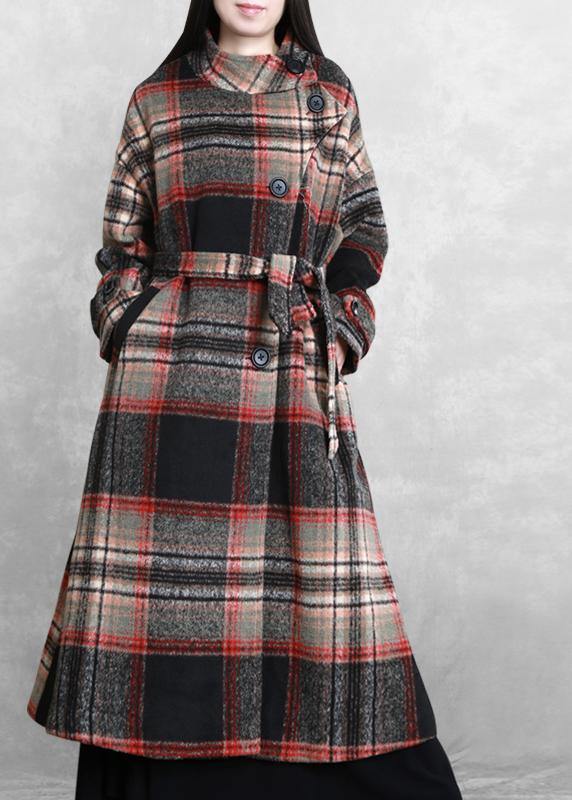 Long Jackets Coats Black Plaid Tie Waist Asymmetric Woolen Coat