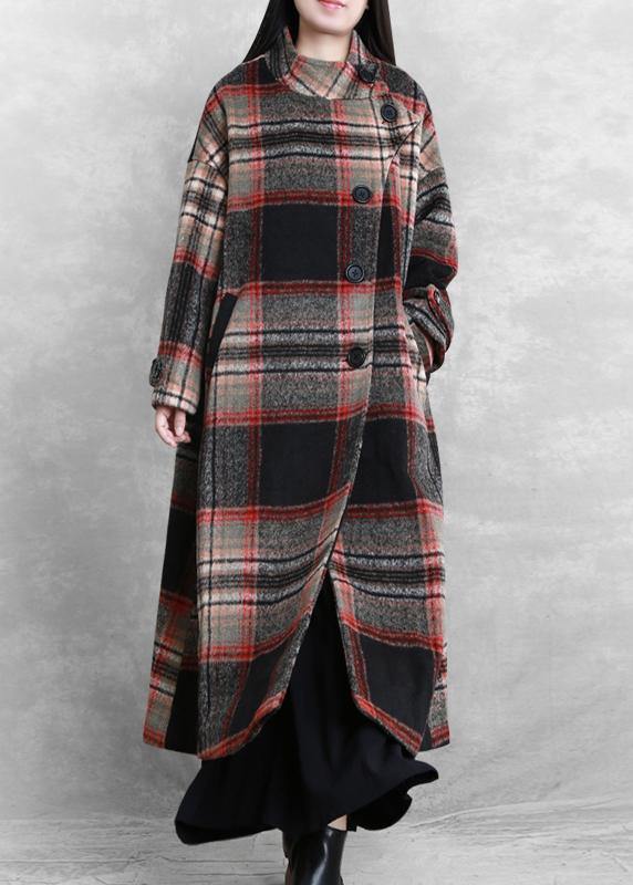 Long Jackets Coats Black Plaid Tie Waist Asymmetric Woolen Coat