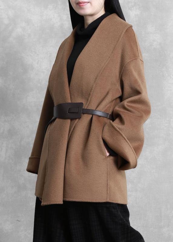 Mid-length Coats Winter Woolen Outwear Brown Tie Waist Trumpet Sleeves Overcoat