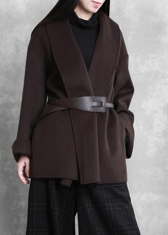 Mid-length Coats Winter Woolen Outwear Brown Tie Waist Trumpet Sleeves Overcoat