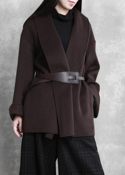 Mid-length Coats Winter Woolen Outwear Brown Tie Waist Trumpet Sleeves Overcoat