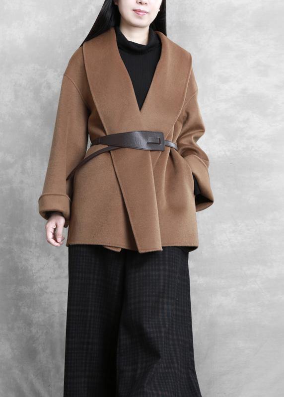 Mid-length Coats Winter Woolen Outwear Brown Tie Waist Trumpet Sleeves Overcoat