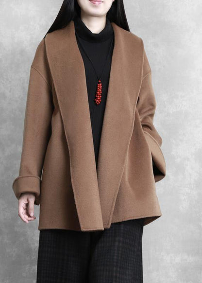 Mid-length Coats Winter Woolen Outwear Brown Tie Waist Trumpet Sleeves Overcoat