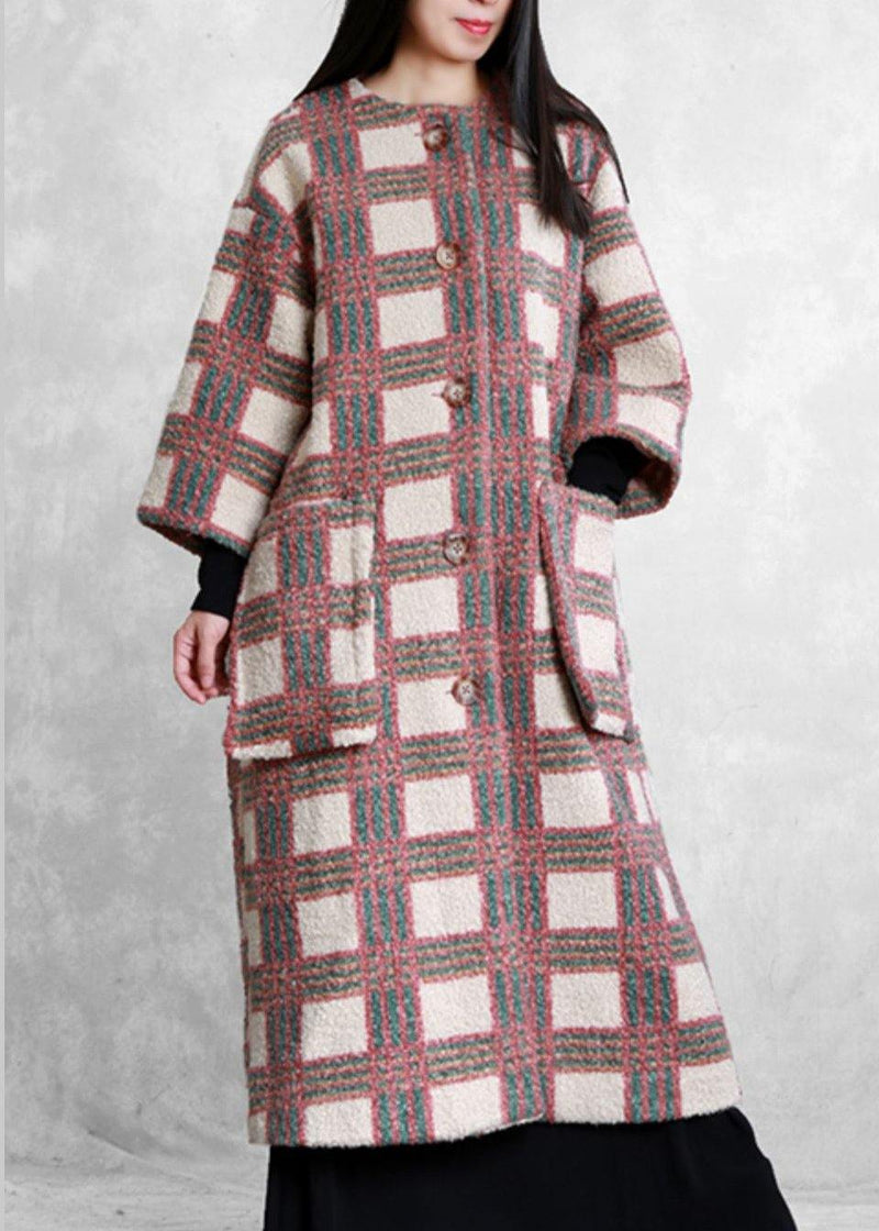 Trench Coat Coat Nude Plaid Pockets Button Wool Coat for Woman